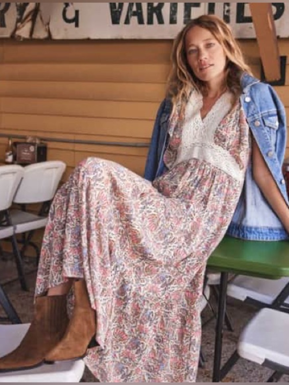 Maison 123 Paris Boho Floral Maxi Dress with Lace Yoke Size Fr 46 US 12 to 14